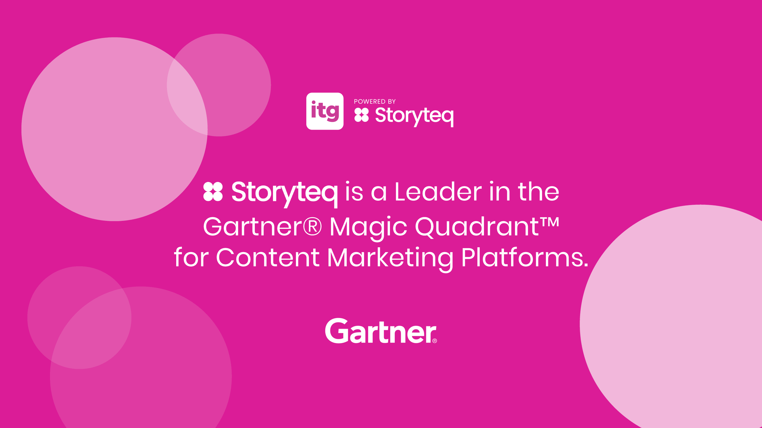 Pink background with circle graphics, ITG powered by Storyteq logo at the top, with text 'Storyteq is a Leader in the Gartner Magic Quadrant for Content Marketing Platforms', and the Gartner logo at the bottom.